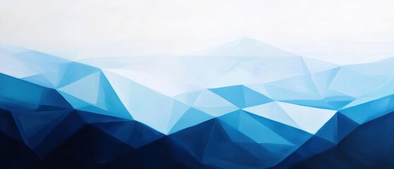 Geometric blue and white mountain landscape, abstract low-poly design, digital art background, serene nature illustration, minimalist modern decor.