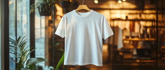 Digital mockup of a blank tshirt hanging on a hanger in a retail display, showcasing trendy apparel and modern design, with cotton fabric and space for personalized prints