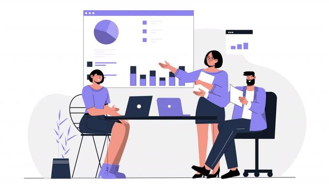Flat vector scene animation depicting business services such as office management, IT support, and business consultations, highlighting key service processes and client interactions.