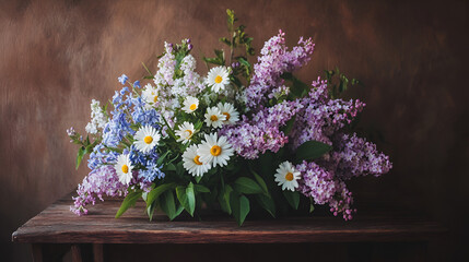 Elegant Spring Bouquet with Lilacs, Bluebells, and White Daisies, Delicate Floral Composition on Rich Wood Background