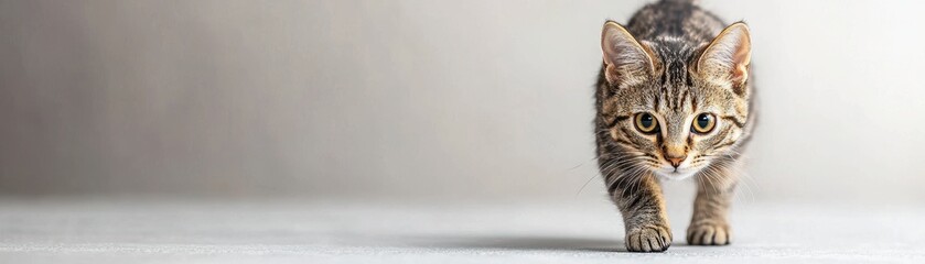 Obraz premium Curious cat walking towards the camera on a neutral background.