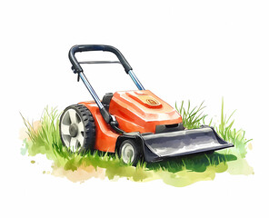 A realistic watercolor illustration of an electric lawn mower mowing the grass on a white background, with green and orange color