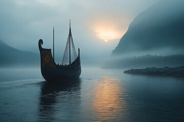 Sunrise casting golden hues over a Viking longship sailing through misty waters