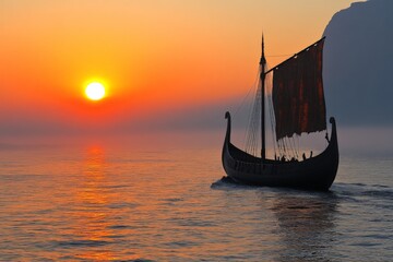 Viking ship sailing on tranquil waters during sunset near a scenic mountain range