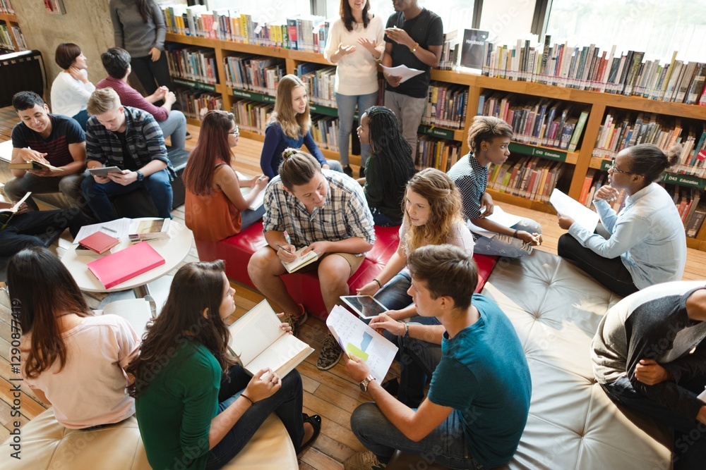 Poster diverse group of students study in library, read books, group discussion. diverse group of students 