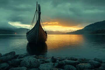 Sunset over calm waters with a historic Viking ship on a rocky shore, showcasing stunning natural landscapes and tranquil scenery