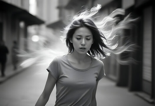 Fototapeta A woman in a grey shirt is walking on a street