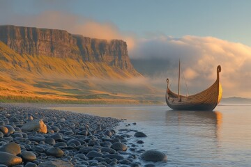 Viking boat rests peacefully at dawn near dramatic cliffs and calm waters in a serene natural...