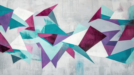 Geometric abstract art with colorful polygons in shades of teal, purple, and gray on a textured background for modern design and decor.