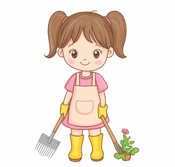 A girl is holding a garden tool and a plant