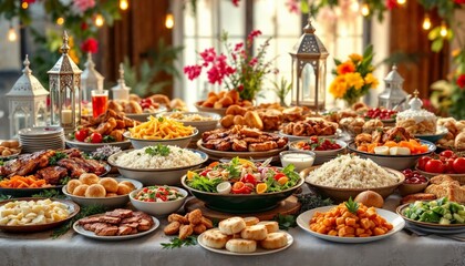 Delicious Feast Celebration Event Hall Food Display Elegant Setting Festive Atmosphere Culinary Experience for Gatherings