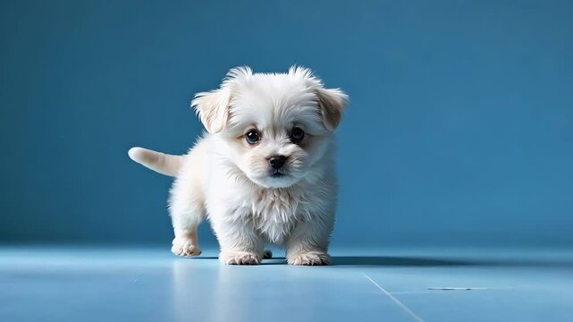 Small fluffy white puppy standing on a blue floor looking curious
