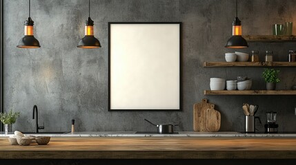 Blank framed poster mockup on wooden wall in modern kitchen interior. Marble countertop, minimalist shelves, and warm lighting. Stylish and contemporary design.