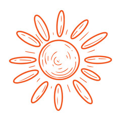 Fototapeta premium Summer hot sun. Hand drawn doodle. Sunny nice weather. Rays. Warm season. Solar system star. Vector line art illustration.