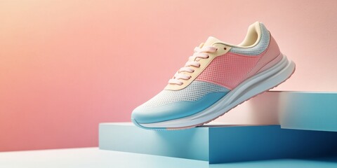 Close up of white and pink sneakers on a red and blue background