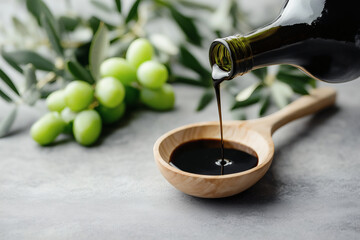 Pouring balsamic vinegar into a wooden spoon.