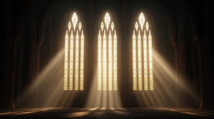 Three gothic arched windows in a dark church interior, emitting light rays onto the floor.