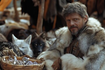 Obraz premium Man in fur clothing surrounded by wolves at a settlement during a cold season
