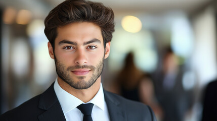 Fototapeta premium Young professional exuding confidence, embodying ambition and focus in a modern workspace.