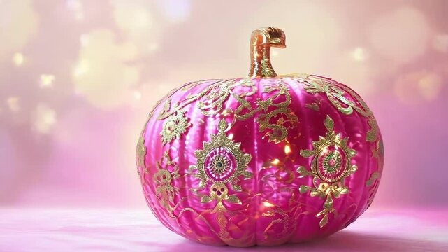 Ornately decorated pink pumpkin with intricate golden patterns against a soft pink background, creating an elegant and festive composition