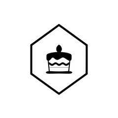Minimalist black and white illustration of a cake within a hexagonal border.