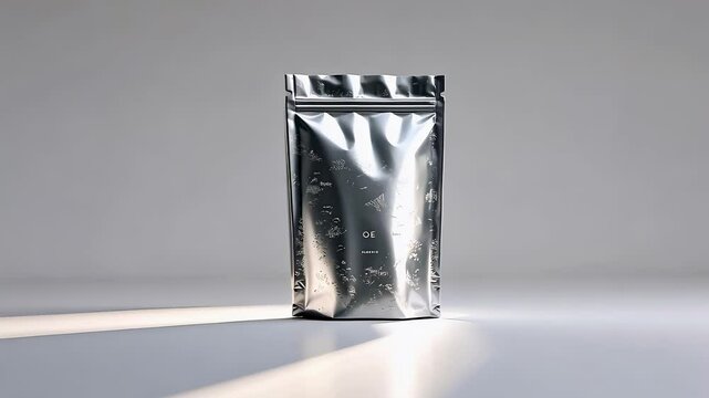 Metallic silver pouch standing on a minimalist surface with soft lighting
