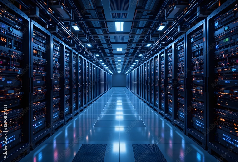 Poster view of a large data center with rows of high-tech servers and racks. cutting-edge telecommunication
