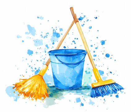 A blue bucket with a yellow handle sits next to a yellow mop
