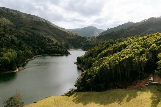 Lush green valley with winding river