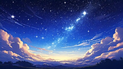 Fototapeta premium アニメタッチ 広々とした星屑 雲海 夜景 背景素材 チラシ・バナー・動画素材 AI生成素材