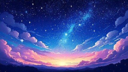 Fototapeta premium アニメタッチ 広々とした星屑 雲海 夜景 背景素材 チラシ・バナー・動画素材 AI生成素材