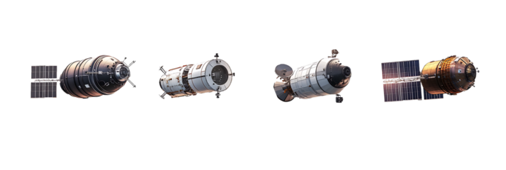 4 different space satellites isolated on a white background