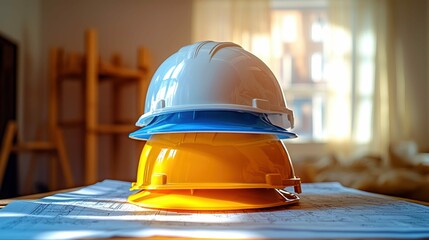 Stack of Safety Helmets on Construction Blueprint Emphasizing Project Planning and Workplace Safety