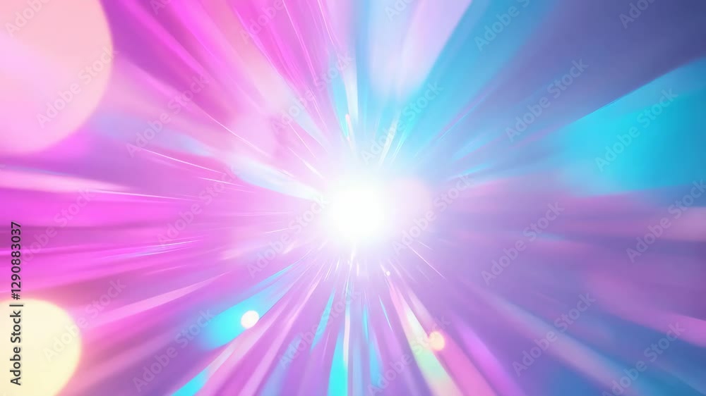 Poster abstract space tunnel with bright light rays and bokeh effect in pink and blue colors. digital motio
