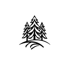Minimalist Monochrome Illustration: Three Fir Trees on a Hill, Nature-Themed Logo Design in Black and White.