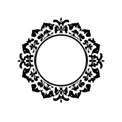 Circular ornamental black floral pattern, elegant frame, centered on a white background, symmetrical design.
