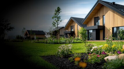 Modern wooden houses, landscaped gardens, sunny day, residential area, real estate