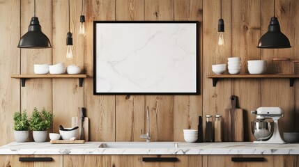 Blank framed poster mockup on wooden wall in modern kitchen interior. Marble countertop, minimalist shelves, and warm lighting. Stylish and contemporary design.