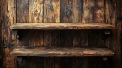 Rustic Wooden Shelves Against a Wood Panelled Wall Background Displaying Vintage Style Aesthetics