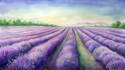 Obraz premium Watercolor lavender field background, soothing lavender flowers in soft purples with hints of green, tranquil and aromatic with copy space 