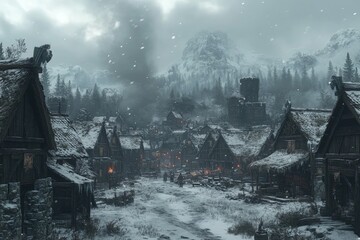 Fototapeta premium Winter village engulfed in snow with smoke rising from distant buildings and snowy mountains in the background during twilight