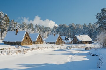 Naklejka premium Winter landscape featuring rustic cabins surrounded by snow-covered trees and a frozen river under clear blue skies