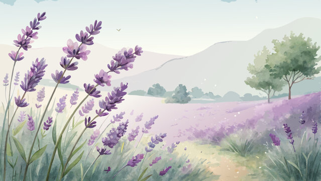 Watercolor lavender field background, soothing lavender flowers in soft purples with hints of green, tranquil and aromatic with copy space  