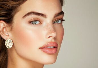 Fototapeta premium Close-up portrait of a young woman with blue eyes and natural freckles, wearing gold textured earrings with a soft neutral background