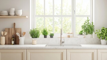 Bright kitchen interior with white marble backsplash, neutral cabinets, and simple yet stylish decor.