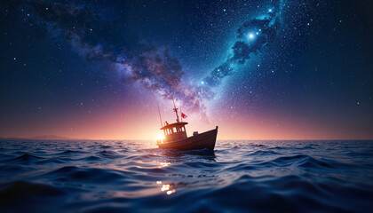 Fototapeta premium Tiny boat floating in stardust sea under dreamy night sky, adventure