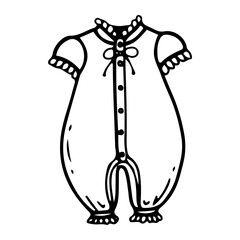 Cute jumpsuit for baby girl. Hand drawn doodle. Newborn clothes. Fabric item, lace sleeves, bow tie. Little child's wardrobe. Childhood. Vector line art illustration.