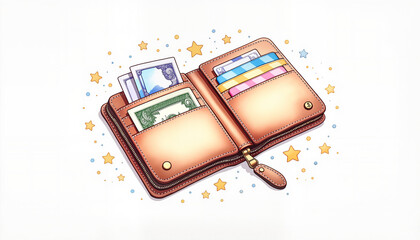 World Tourism Day colorful travel wallet illustration with compartments for cash and cards on a clean background, ideal for travel blogs and financial advice designs