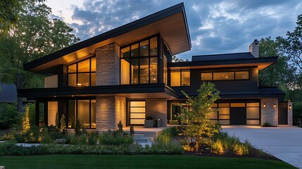 Obraz premium Modern House Exterior at Twilight with Stone Facade and Landscape