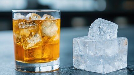 Whiskey or Brandy Cocktail with Ice Cubes on a Counter